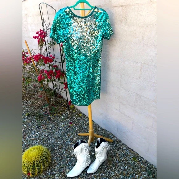 Vintage mini teal silver ombré beaded and sequin mini dress - Picture 2 of 14